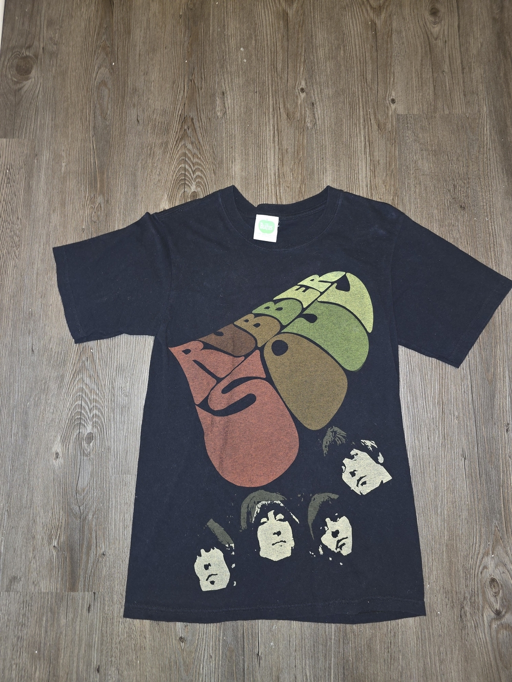 The Beatles Black Tee with Retro Rubbersoul Graphic in Green, Brown & Rust